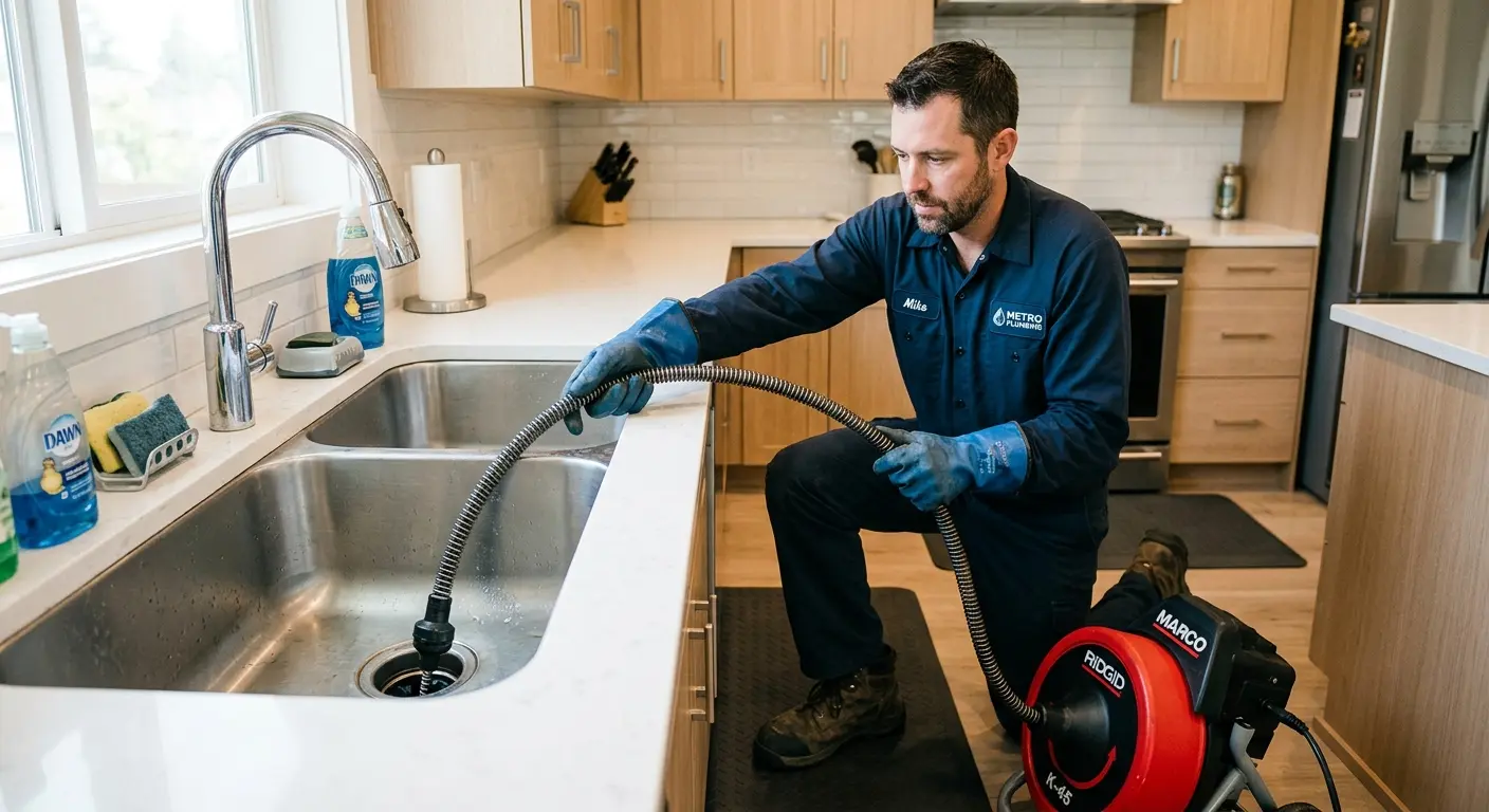 Drain cleaning technician using a motorized snake on a kitchen sink in Roma