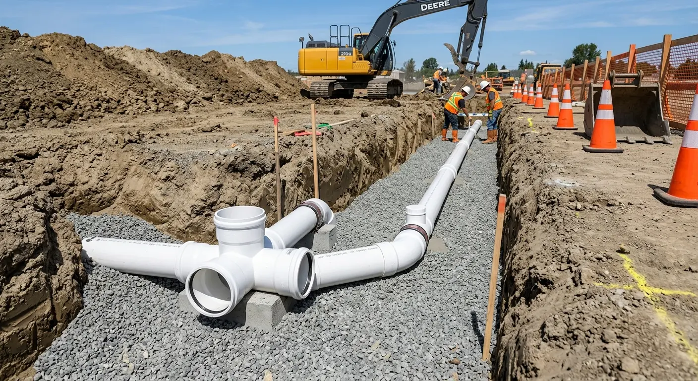 New PVC sewer pipe installation in open trench for Sewer Backup in Roma