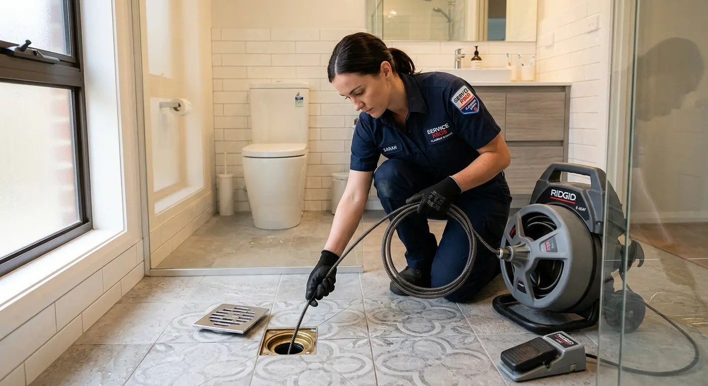 Technician clearing a bathroom floor drain for Sewer Line Replacement in Roma